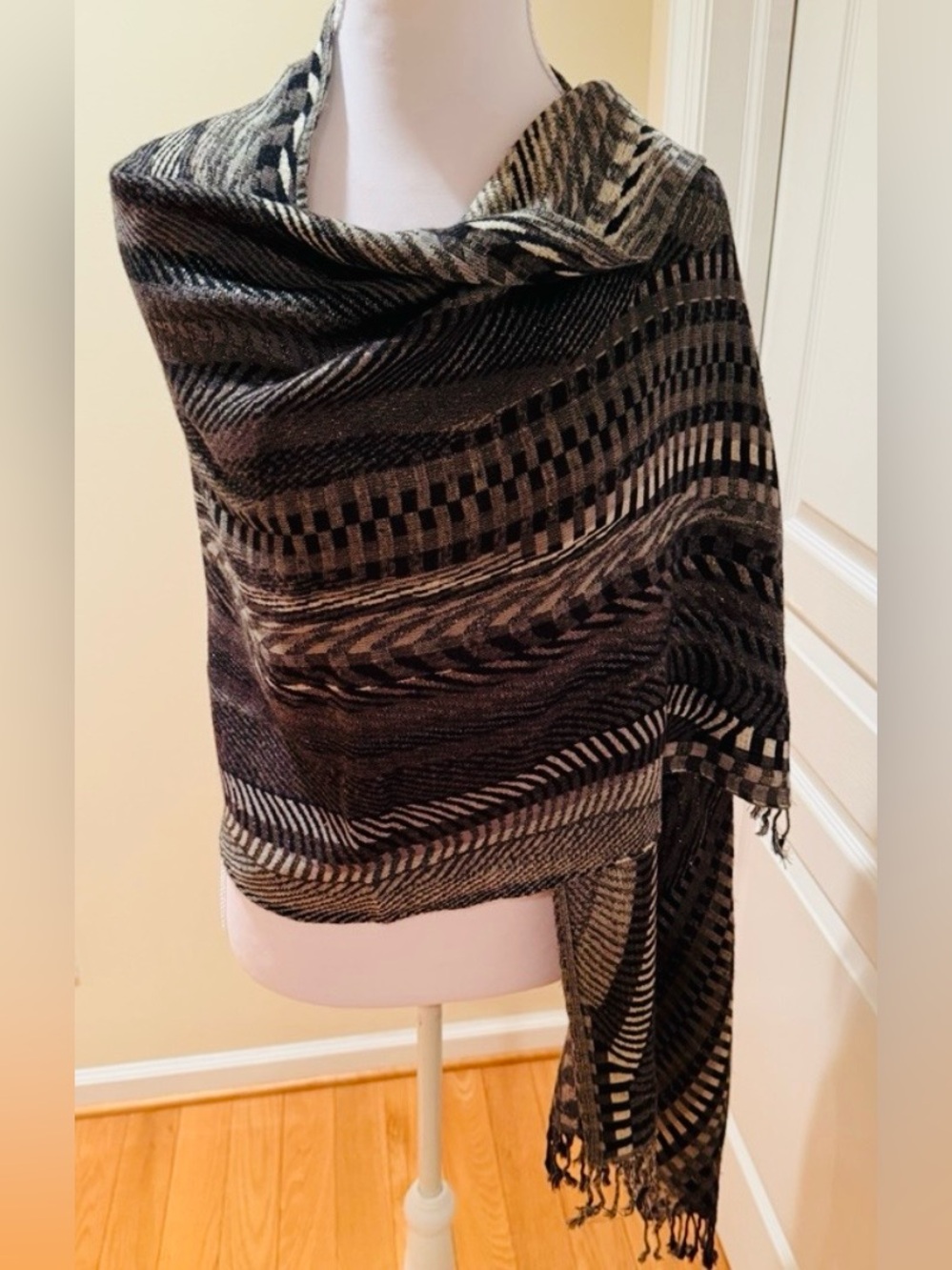 Elegant Black and Gray Patterned Shawl with Shimmer and fringe